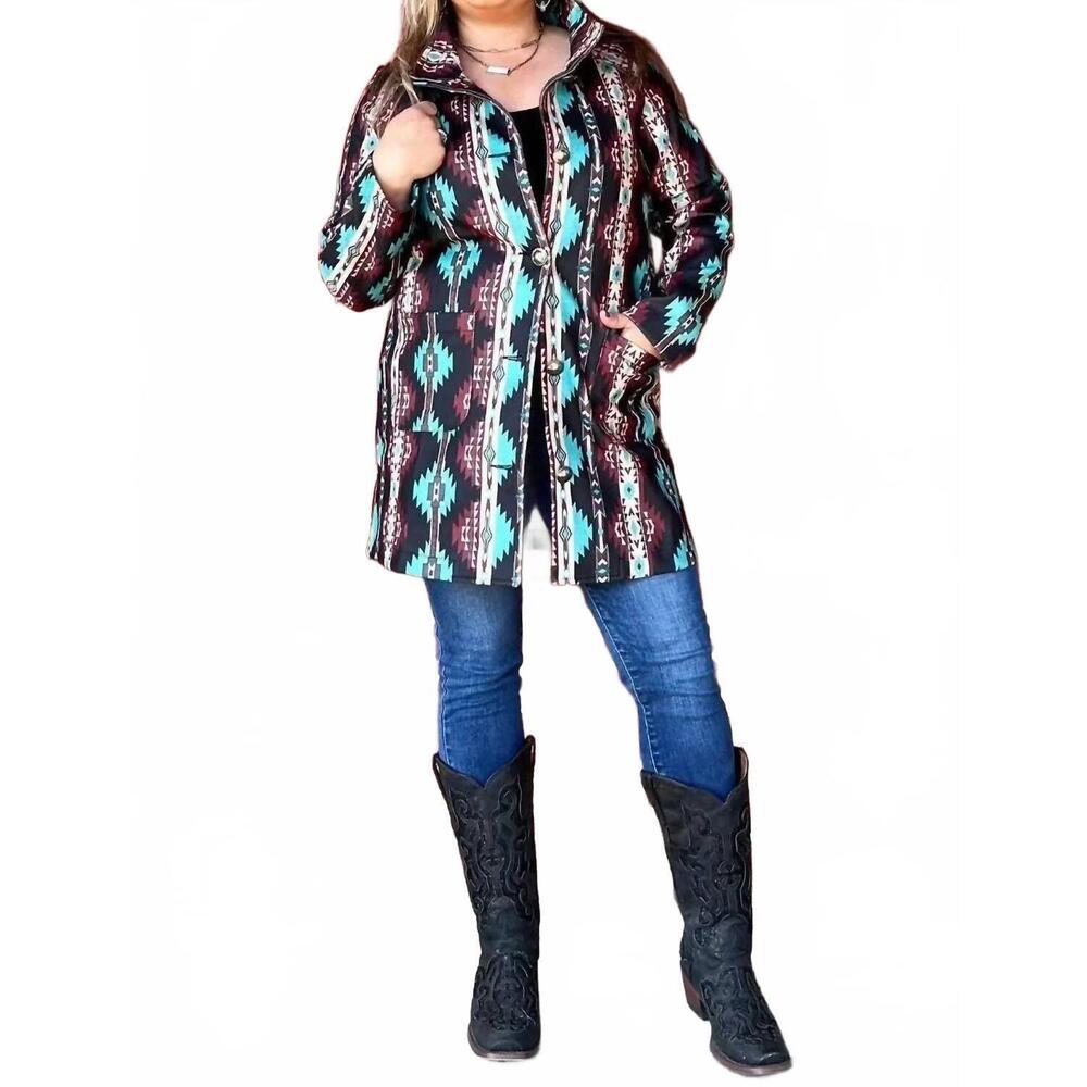 NEW STERLING KREEK durango aztec jacket in turquoise/maroon /cream